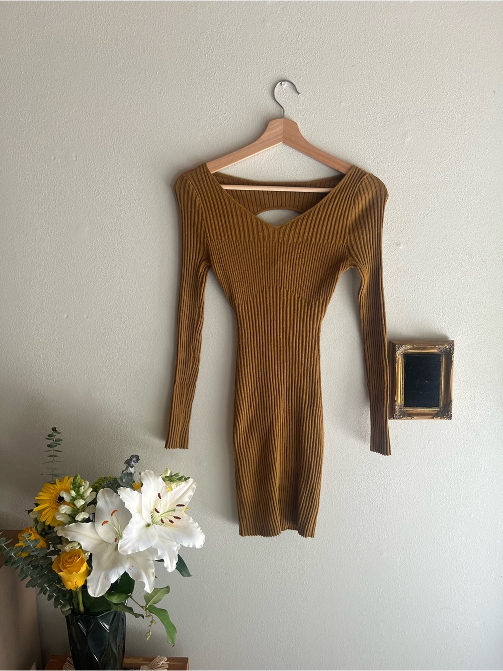 Anthropologie Ribbed Long-Sleeve Bodycon Dress in Mustard Brown